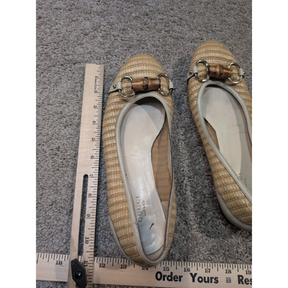 Gucci Straw Raffia Bamboo Horsebit Ballet Flats Beige Tan Leather 9.5B 171971 - Picture 6 of 10